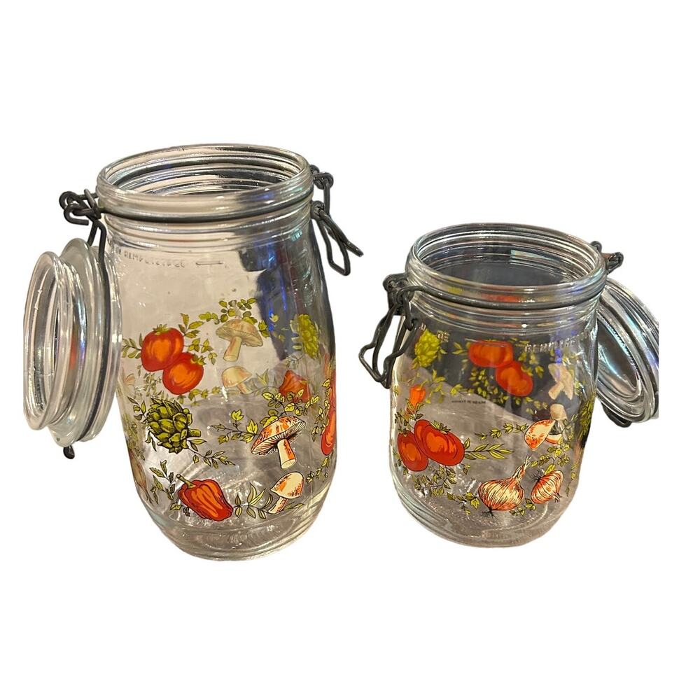 Vintage Arc France Glass Canister Set- Spice of Life Design, Set of 2, 1.5L & 1L